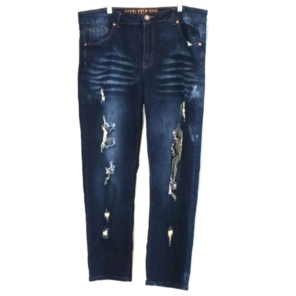 V.I.P JEANS Plus Size 14‎ Dark Blue Stone Washed Distress Holes Whiskering Boho